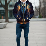 Hoodie with a wolf design and celestial elements on a white background