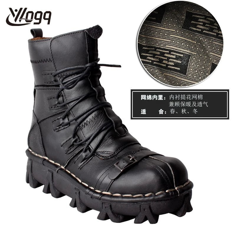 Men's Cowhide Genuine Leather Motorcycle Boots Combat Boots Gothic Skull Punk Desert Ankle Boots Botas50 Handmade