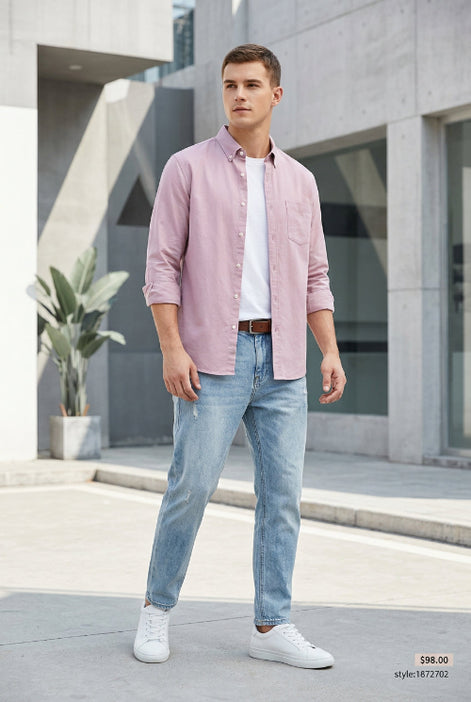 Light purple button-up shirt on a gray background