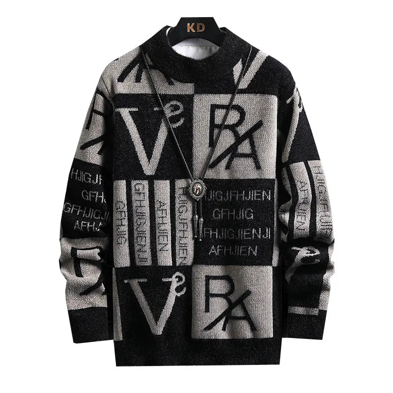Black and white patterned sweater with text design on a white background