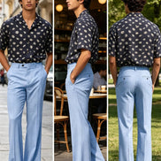 A three-panel lifestyle photo of a man modeling light blue wide-leg trousers with a dark navy short-sleeve button-up shirt featuring a white polka-dot pattern. 