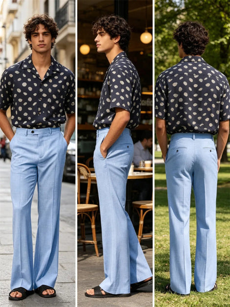 A three-panel lifestyle photo of a man modeling light blue wide-leg trousers with a dark navy short-sleeve button-up shirt featuring a white polka-dot pattern. 