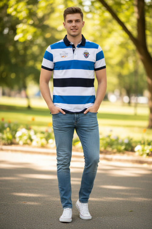 Blue and white striped polo shirt with brand logo on a white background