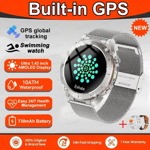 Smartwatch with built-in GPS features on a promotional background