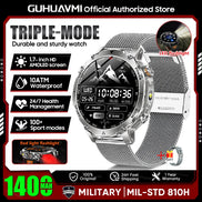 Smartwatch with features highlighted on a promotional graphic, including water resistance and health monitoring.