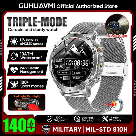 Smartwatch with features highlighted on a promotional graphic, including water resistance and health monitoring.