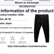 A product information card showing a pair of black slim-fit jeans on the right, with text on the left listing product number k606, size 28-38, color black, fabric composition, and care instructions.