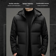 A man wearing a black hooded puffer jacket over a black turtleneck, shown against a dark textured background with marketing text at the top.