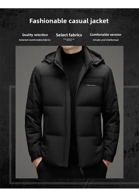 A man wearing a black hooded puffer jacket over a black turtleneck, shown against a dark textured background with marketing text at the top.