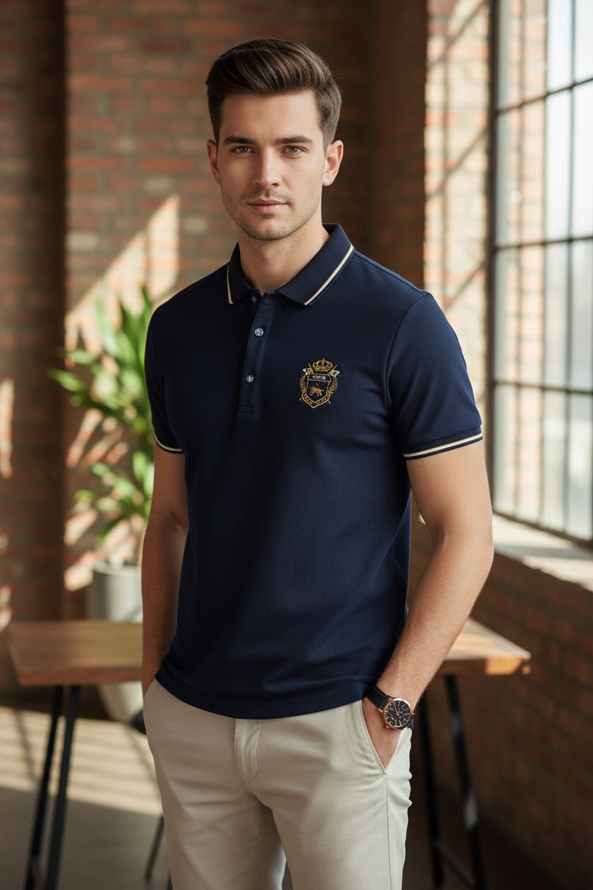 Navy blue polo shirt with gold trim and emblem, accompanied by a watch and tie on a gray surface.