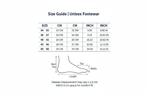 Foot measurement chart for Yang Hui Unisex shoes with size chart and foot length guide.