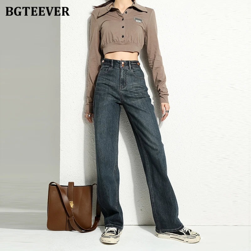 BGTEEVER Vintage Double Buttons Straight Jeans Pants Women Spring Autumn High Waist Loose Pockets Female Wide Leg Denim Trousers