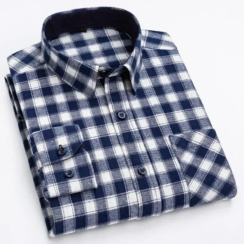 A folded long-sleeve plaid button-up shirt in navy blue and white, shown on a clean white background.