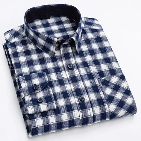 A folded long-sleeve plaid button-up shirt in navy blue and white, shown on a clean white background.