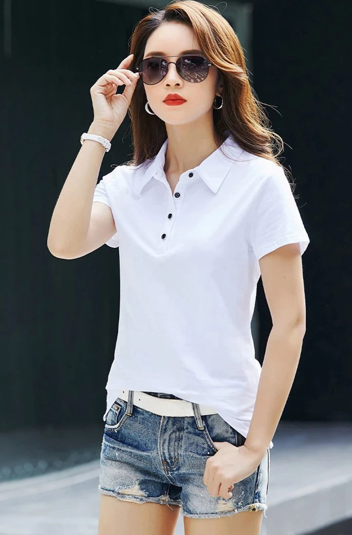 Female Tee Slim 100℅ Cotton Plain Button Women's Polo Korean Clothing Goth T-shirts Elegant Cheap Aesthetic Hot Sales Emo Kpop