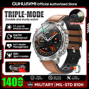 Smartwatch with brown and black band on a promotional poster for GUHUAVMI.