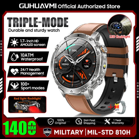 Smartwatch with brown and black band on a promotional poster for GUHUAVMI.