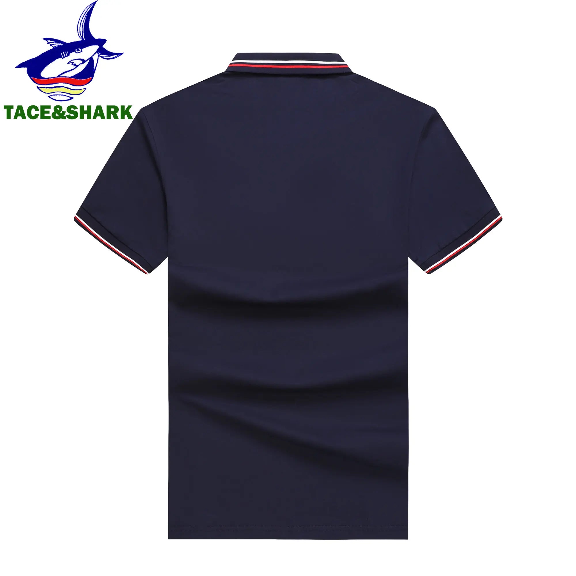 A navy blue short-sleeve polo shirt shown from the back, featuring a striped collar and sleeve cuffs in red, white, and navy. The TACE&SHARK brand logo is visible in the top-left corner on a plain white background.