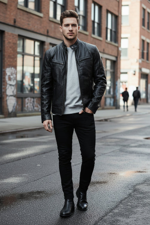 Black leather jacket worn by a person on a white background