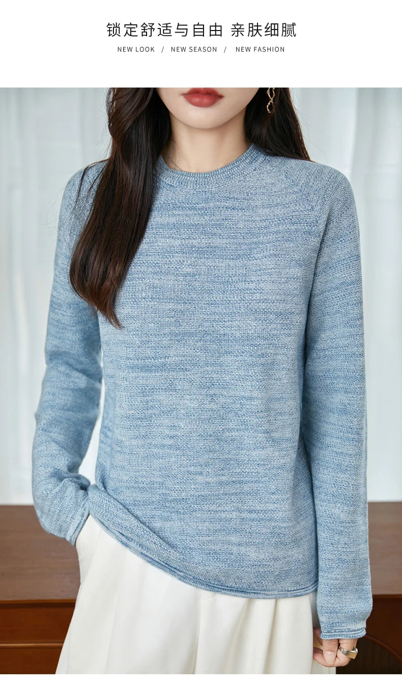 100% pure cotton women's knitted sweater casual round neck pullover for autumn and winter new women's top loose and hot selling