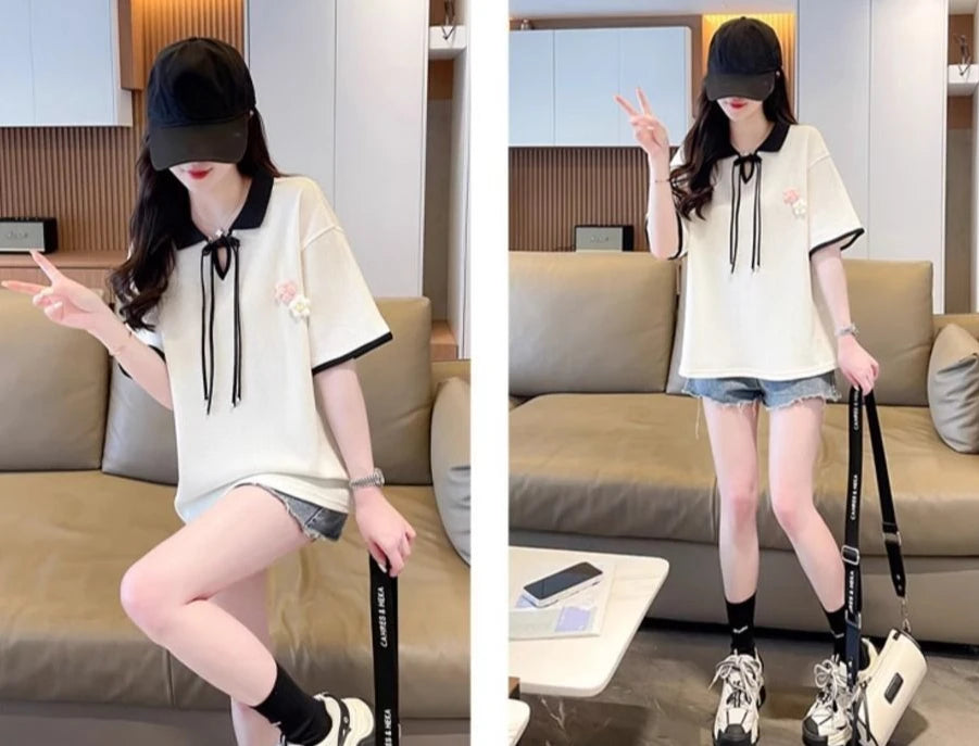 Contrast Color Baggy Woman Short Sleeve Tshirt Y2k Fashion Flower Summer Outfit Youthful Elegant New Polo Neck T Shirt for Women