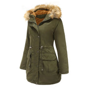 Green parka coat with fur-lined hood on a white background