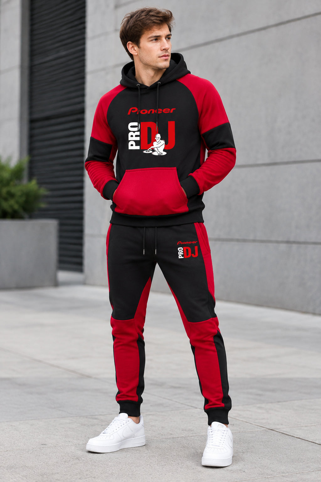 A two-piece athletic tracksuit set featuring a black and red pullover hoodie with a large 'Pioneer PRO DJ' graphic on the front,