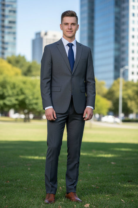 Gray suit with blue tie and brown shoes on a white background
