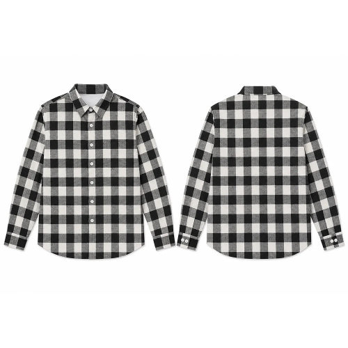 Front and back views of a long-sleeve button-up shirt in a black and white buffalo plaid pattern, displayed on a clean white background.