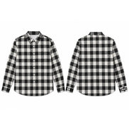 Front and back views of a long-sleeve button-up shirt in a black and white buffalo plaid pattern, displayed on a clean white background.