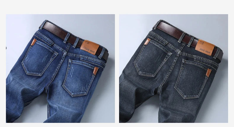 Two pairs of jeans, one blue and one black, with brown belts on a light gray background.