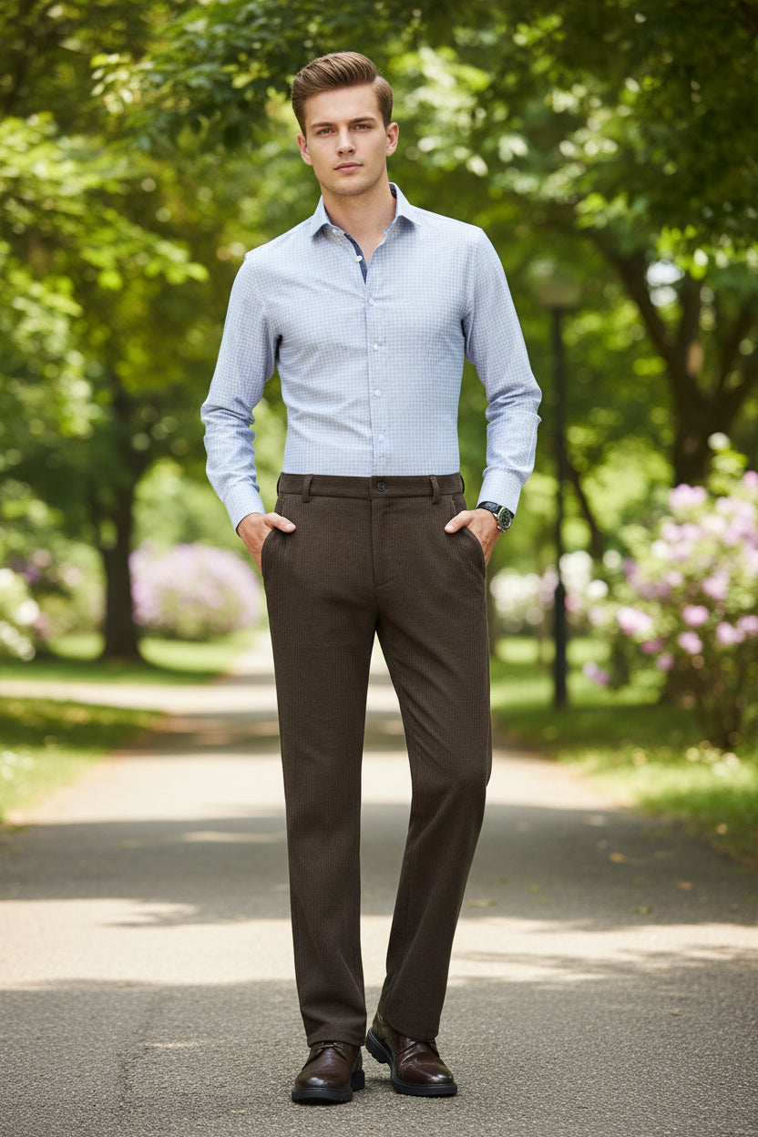 Brown dress pants shown from front and back on a white background