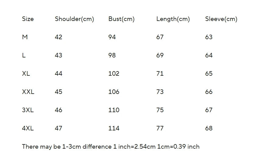 Size chart for clothing with measurements in centimeters