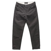 A pair of dark charcoal gray slim-fit pants shown flat against a solid white background.