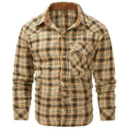 Plaid shirt with brown and beige pattern on a white background