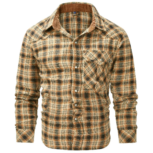 Plaid shirt with brown and beige pattern on a white background