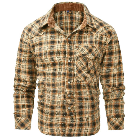 Plaid shirt with brown and beige pattern on a white background