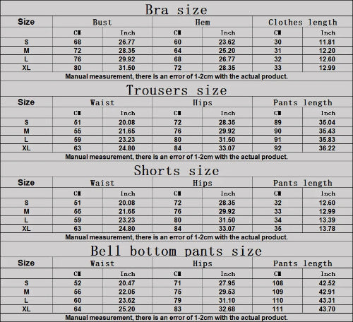 Size chart for bras, trousers, shorts, and bell-bottom pants with measurements in centimeters and inches.