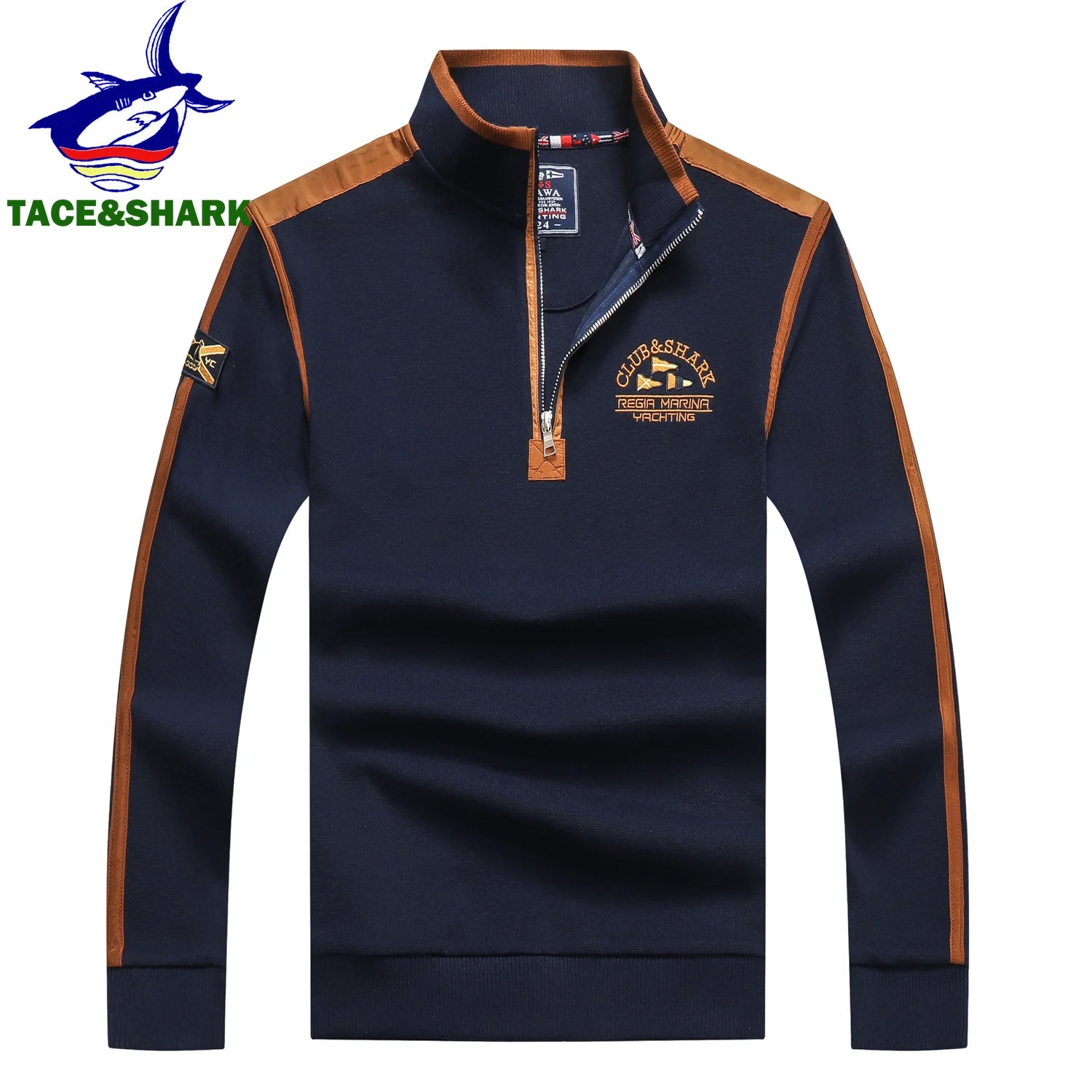 TACE&SHARK 2023 Casual Business Yellow Polo Shirt Pullover Half Zipper Patchwork Polo Shirt for Men Fashion Shark Embroidery