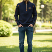 A men's navy blue quarter-zip sweatshirt with brown and red trim, featuring a 'Cruiser Club' graphic on the left chest 