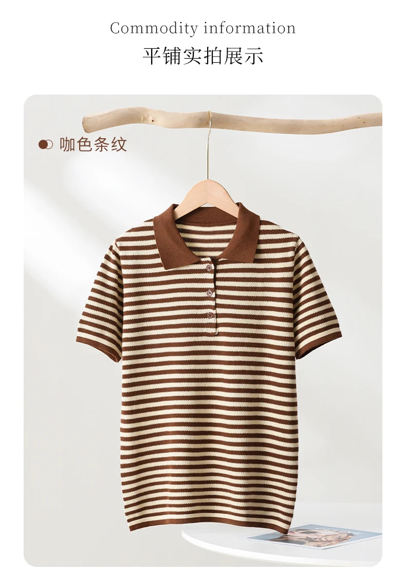 WinvyNee Summer T-shirts Women 100% Cotton Striped Tops Women Clother Polo Short Sleeve Buttons Casual Basic Pullover ZA1102004