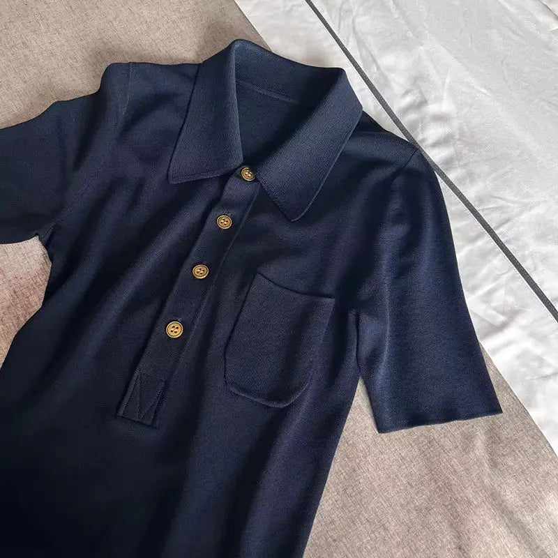 Design-sensible New Knitted Short-sleeved French Sweater High-end Slimming POLO Temperament Top