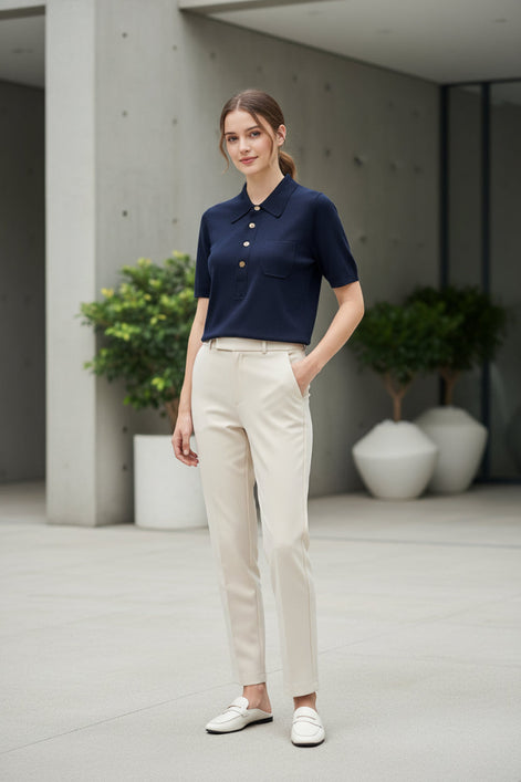 Navy blue shirt with gold buttons on a light gray surface
