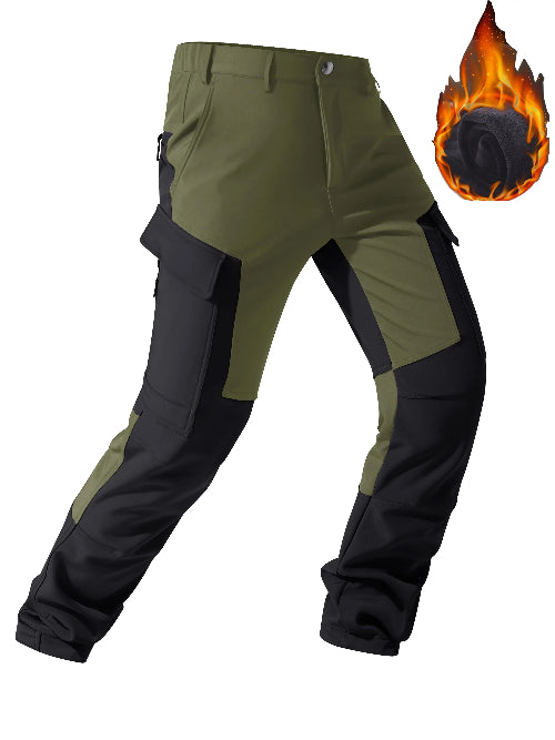 Army green and black cargo pants shown at an angle with a flame graphic overlay.