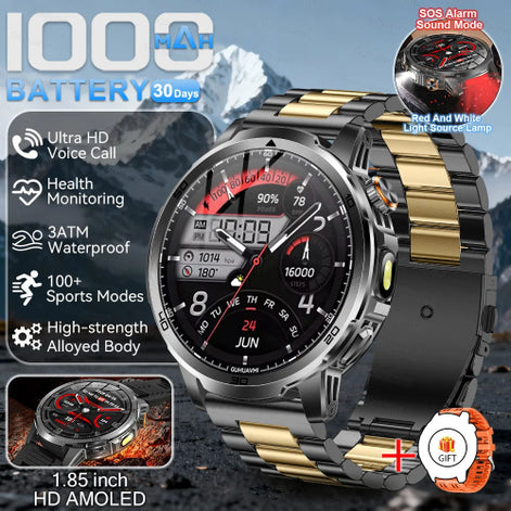 Smartwatch with gold and black band on mountain background, featuring battery life and features.
