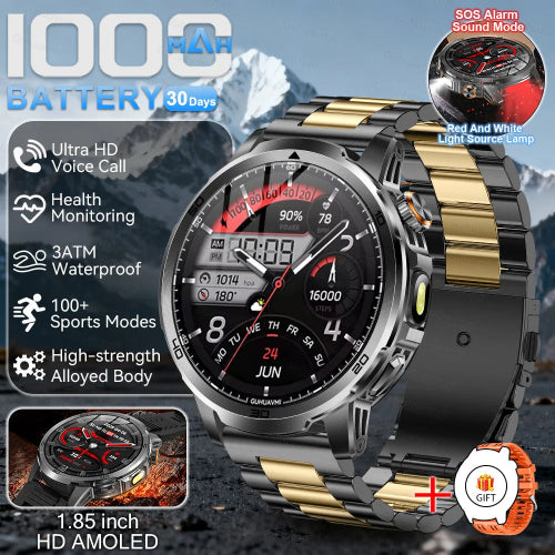 Smartwatch with gold and black band on mountain background, featuring battery life and features.