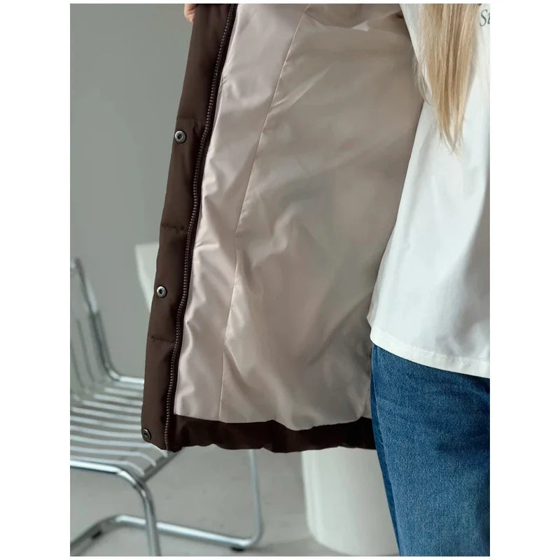 Brown Hooded Quilted Cotton Jacket Fashion Waist Cinch Drawstring Zip Pocket Warm Coat 2026 Women's Winter Casual Street Outfit