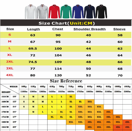 A size chart table for long-sleeve polo shirts, showing sizes S through 4XL with length, chest, shoulder breadth, and sleeve measurements in centimeters. 