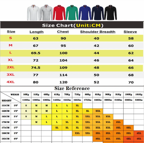 A size chart table for long-sleeve polo shirts, showing sizes S through 4XL with length, chest, shoulder breadth, and sleeve measurements in centimeters. 