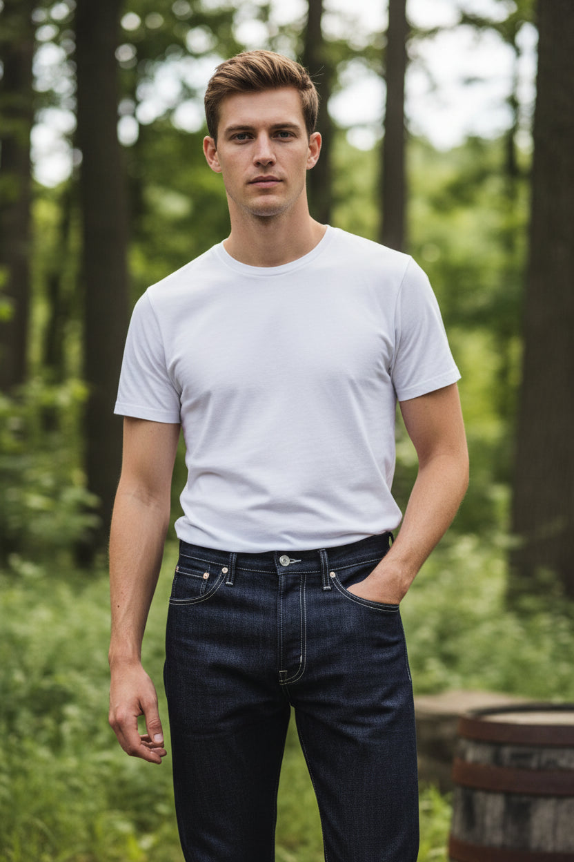 Folded dark blue jeans with a brand patch on a wooden barrel